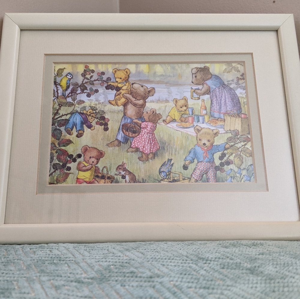 Vintage Molly Brett Framed Teddy Bears & Blackberries Print